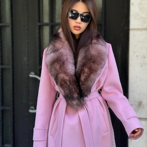 Pink Cashmere Wool Coat with Fox Fur Collar | Handmade Long Belted Winter Coat | Luxury Women’s Warm Elegant Outerwear | Custom Fit Overcoat