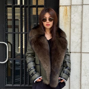 Khaki Women Handmade Shearling Jacket | Luxury Fox Fur Collar Sheepskin Coat | Genuine Lamb Fur Winter Short Jacket | Slimfit Pattern