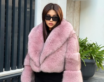 Women Pink Fox Fur Jacket, Handmade Winter Cropped Short Fur Coat