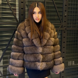 Brown Fox Fur Short Jacket: Handmade Luxury Sable Color Winter Coat