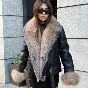 Black Women’s Shearling Coat with Full Fox Fur Front | Handmade Real Sheepskin Shearling Jacket | Luxury Winter Fur Trimmed Coat Women