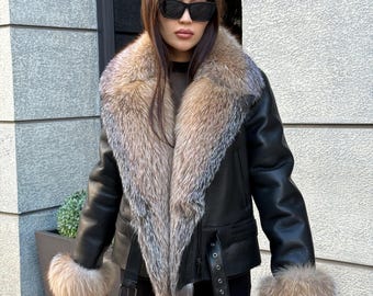 Black Women’s Shearling Coat, Handmade Lamb Short Front Fox Fur Jacket