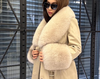Women’s Beige Long Leather Trench Coat, Luxury Collar & Cuffs- Fox Fur Jacket