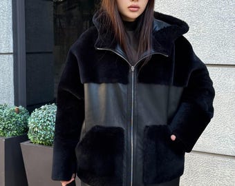 Black Reversible Shearling Coat, Women’s Handmade Short Lamb Fur Jacket