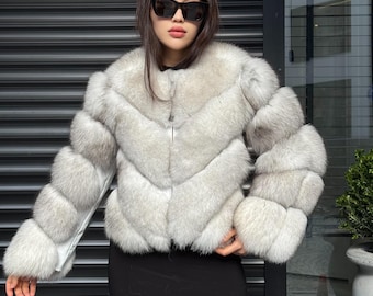 Women Handmade Fox Fur Jacket | White Fox Fur Jacket With Removable Sleeves | Genuine Fox Fur Jacket | Gift For Her | Luxury Fox Fur Jacket