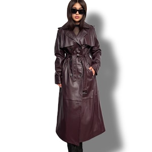 Burgundy Leather Trench Coat | Luxury Long Sheepskin Coat With Belt | Handmade Women Elegant Plus Size Leather Outerwear | Gift For Her
