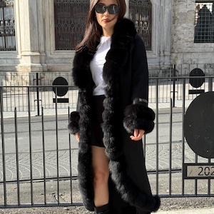 Black Alpaca Wool Coat, Handmade Long Women Front Fox Fur Jacket