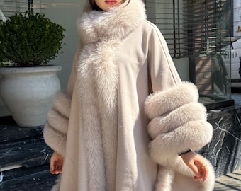 Beige Cashmere Cape With Fur Trim, Women’s Wool Shawl Front Skirt - Fox Fur Jacket