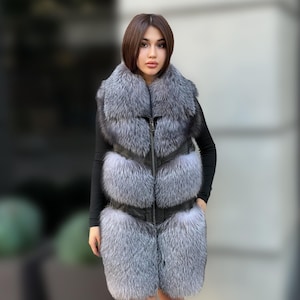 Handmade Women Natural Gray Frost Fox Fur Vest, Real Fox Fur, Handmade Vest For Women | Long Fox Fur Vest | Luxury Vest | Genuine Fur Vest