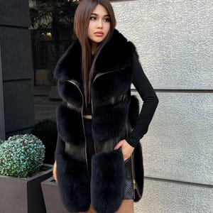 Handmade Women Black Fox Fur Vest, Real Fox Fur, Handmade Vest For Women | Long Fox Fur Vest | Gift Ideas | Luxury Vest | Genuine Fur Vest