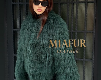 Emerald Green Shaggy Tibetan Fur Jacket : Handmade Mongolian Lamb Fur Short Coat Women