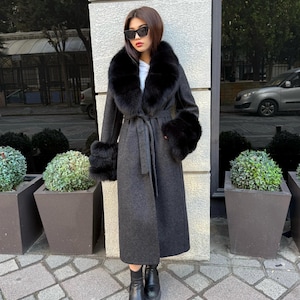 Black Handmade Women Alpaca Coat With Fox Fur , Luxury Wool Outwear | Soft Warm Natural Alpaca Wool Coat| All Colours Available