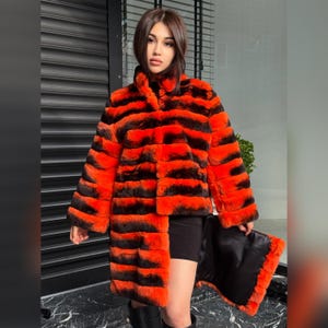 Orange Luxury Handmade Women Chinchilla Pattern Rex Fur Long Coat | Soft Luxury Transformer Real Rex Fur Jacket Winter Outwear| Gift For Her