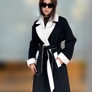 Black and White Handmade Cashmere Wool Coat for Women – Elegant Handmade Long Belted Winter Overcoat – Exclusive  Minimalist Cashmere Coat