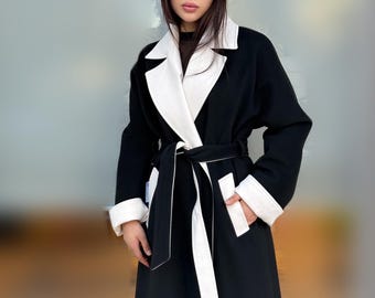 Black - White Long Cashmere Coat, Women’s Handmade Wool Design Jacket