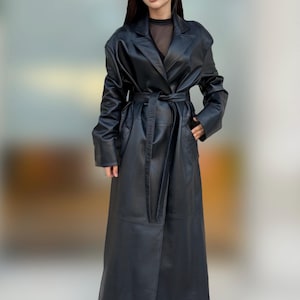 Black Handmade Genuine Sheepskin Leather Trench Coat for Women – Long Real Leather Belted Overcoat – Handmade Luxury Winter Jacket