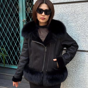 Black Shearling Sheepskin Jacket with Fox Fur | Handmade Women’s Short Winter Shearling Coat | Luxury Warm Genuine Lamb Fur Outerwear
