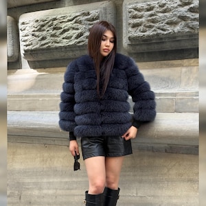 Women Handmade Fox Fur Jacket | Fox Fur Jacket With Removable Sleeves | Anthracite Gray Fox Fur Jacket |Gift For Her | Luxury Fox Fur Jacket