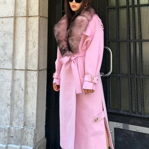 Pink Cashmere Wool Coat with Fox Fur Collar | Handmade Long Belted Winter Coat | Luxury Women’s Warm Elegant Outerwear | Custom Fit Overcoat