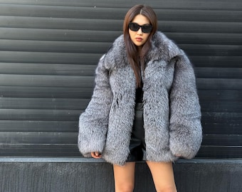 サイズ XS-S | フード付きヴィンテージプラチナフォックスファーコート