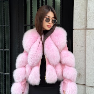 Pink Women Handmade Fox Fur Jacket with Leather | Fox Fur Jacket With Removable Sleeves | Gift For Her | Luxury Fox Fur Jacket for Women