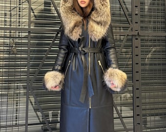 Black Sheepskin Shearling Coat: Fox Fur Trim, Handmade Hooded Long Lamb Fur Jacket