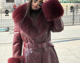 Luxury Burgundy Leather Coat with Detachable Fox Fur Collar & Cuffs | Women’s 2-in-1 Genuine Leather Jacket | Handmade Designer Outerwear
