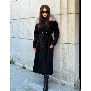 Black Cashmere Wool Coat with Fox Fur Collar | Handmade Long Belted Winter Coat | Luxury Womens Warm Elegant Outerwear | Custom Fit Overcoat