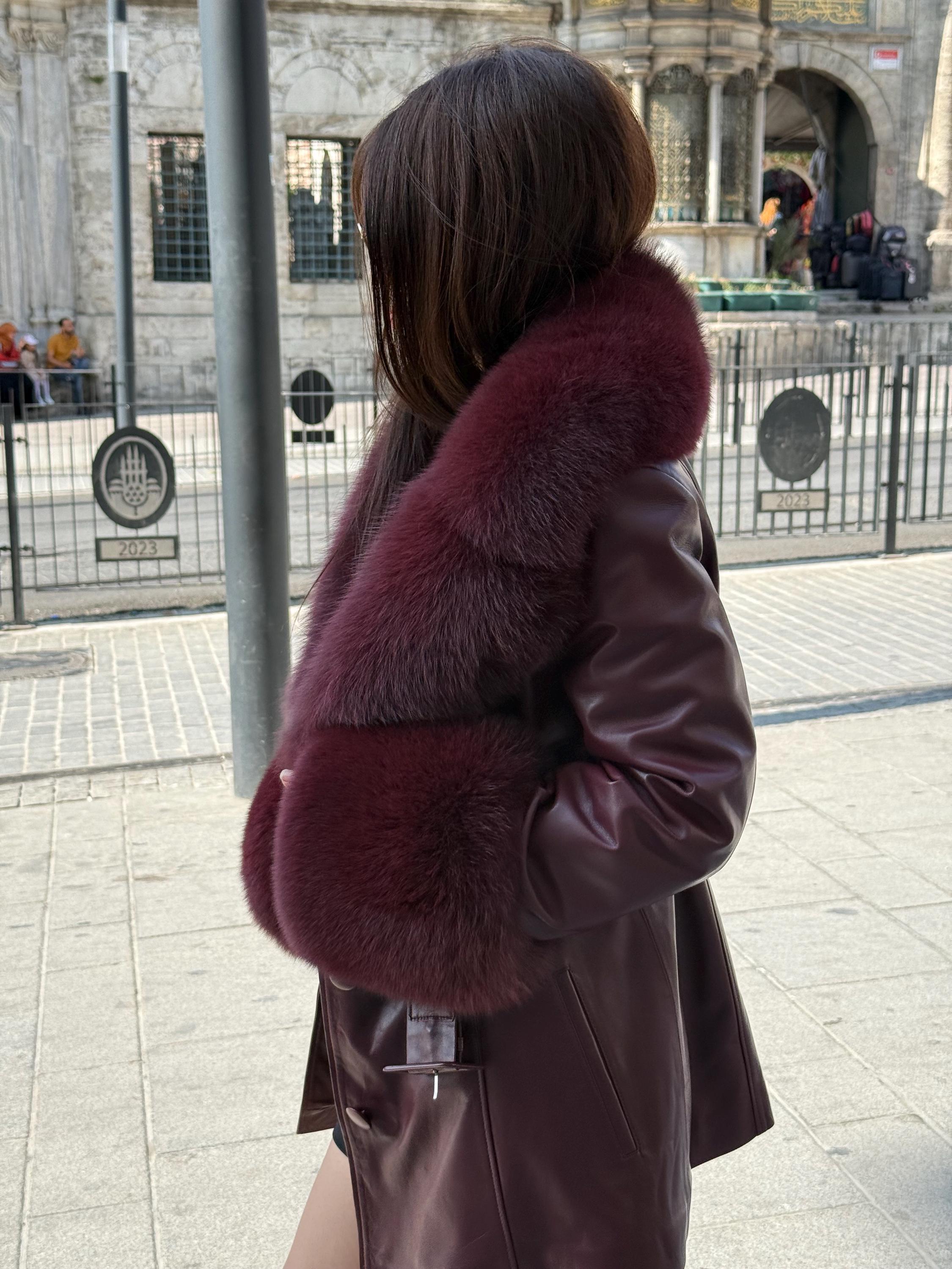 レディース バーガンディ レザージャケット、ハンドメイドカラー