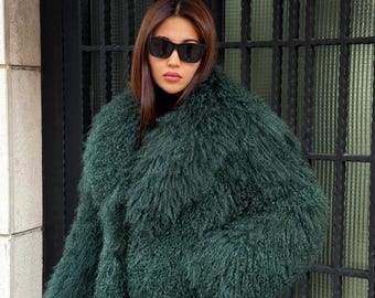 Emerald Green Women Luxury Mongolian Sheepskin Tibetan Fur Coat | Handmade Winter Fluffy Lamb Fur Outerwear | Full Skin Shaggy Fur Coat