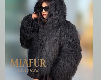 Black Women Handmade Luxury Mongolian Sheepskin Tibetan Fur Coat with Hood | Luxury Winter Fluffy Lamb Fur Outwear | Tibetan Shaggy Fur Coat