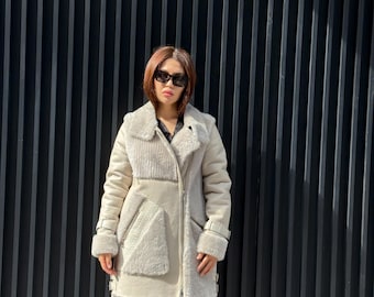 Women’s Beige Shearling Coat, Luxury Lambskin & Mouton Jacket with Python Accents