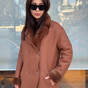 Brown Reversible Shearling Coat for Women – Premium Sheepskin Double-Sided Jacket – Handmade Warm Winter Fur Outerwear