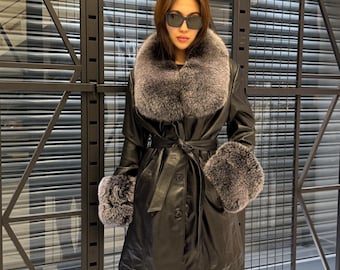 Handmade Black Leather Coat For Women, Collar Cuffs - Frost Fox Fur Jacket