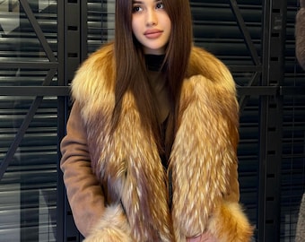Whisky Brown Shearling Coat, Hanmade Lambskin Front Cuffs - Fox Fur Jacket