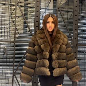 Brown Fox Fur Jacket, Limited Edition Sable Color Fur Coat For Women