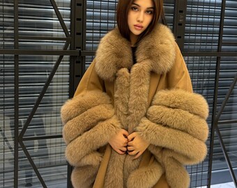 Camel Cashmere Cape With Fur Trim, Women’s Plus Size Shawl- Fox Fur Jacket