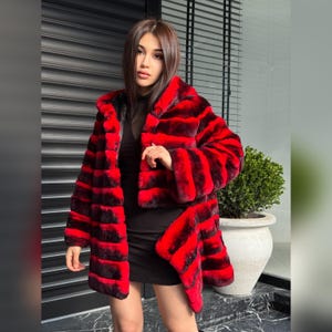 Red Luxury Handmade Women Chinchilla Pattern Rex Fur Coat With Hood | Soft Luxury Transformer Rex Fur Jacket Winter Outwear | Gift For Her