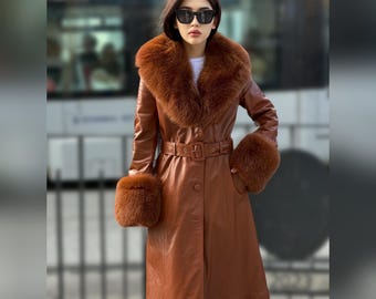 Whisky Brown Long Leather Coat, Handmade Collar Cuffs Fox Fur Jacket