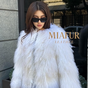 White Women Mongolian Sheepskin Tibetan Fur Coat | Handmade Luxury Winter Fluffy  Lamb Fur Outwear | White Tibetan Shaggy Fur Jacket