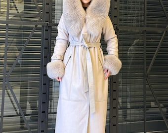 Beige Sheepskin Shearling Coat: Fox Fur Trim, Handmade Hooded Long Lamb Fur Jacket