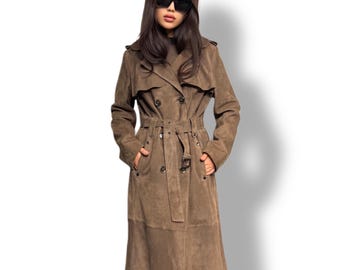 Whisky Brown Suede Trench Coat: Limited Edition Luxury Long Coat For Women