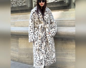 Handmade Luxury Faux Wildcat Fur Coat | Long Fur Coat | Vegan Fur Coat | Women Long Coat | LYNX Faux fur Coat For Women | Stylish Fur Coat