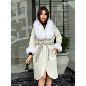 White Handmade Women Alpaca Coat With Fox Fur , Luxury Outwear | Natural Alpaca Wool Coat | Soft & Warm – Handmade Women’s Outerwear