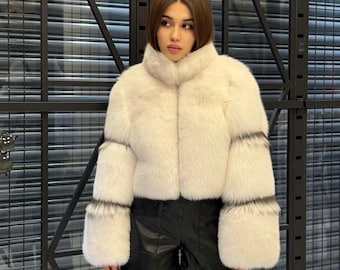 Shadow White Fox Fur Jacket, Women’s Handmade Short Cropped Fur Coat