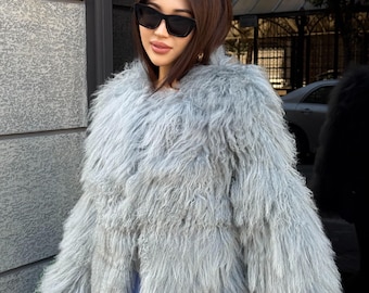 Ice Gray Women Luxury Mongolian Sheepskin Tibetan Fur Coat | Handmade Luxury Winter Fluffy  Lamb Fur Outwear | Ice Gray Tibetan Fur Jacket