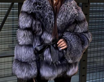 Silver Argentina Fox Fur Jacket, Women’s Luxury Short Belted Fur Jacket