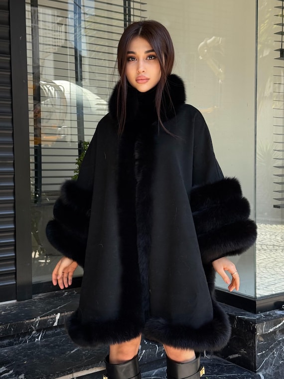 Damen Wolle Poncho Mantel Schwarz Strick Poncho Kapuze Umhang Cape