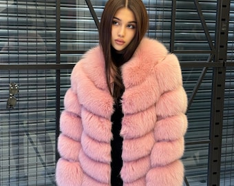Pink Fox Fur Jacket Women | Handmade Luxury Fur Coat & Vest With Removable Sleeves