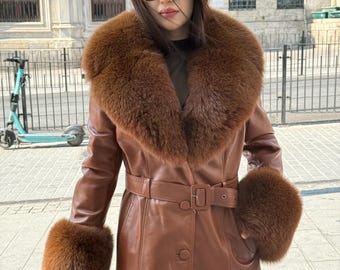 Whisky Brown Leather Coat-Collar&Cuffs Huge Fox Fur Jacket, Brown Fox Fur Jacket- Women Fox Fur Jacket— Fox Fur
